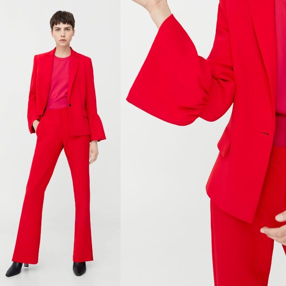 NEW MANGO from Paris Single-Breasted Flared Sleeve Red Blazer Jacket - Picture 1 of 16